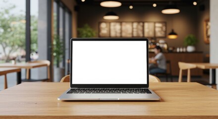 Fototapeta premium Laptop with blank screen on wooden table in blur background