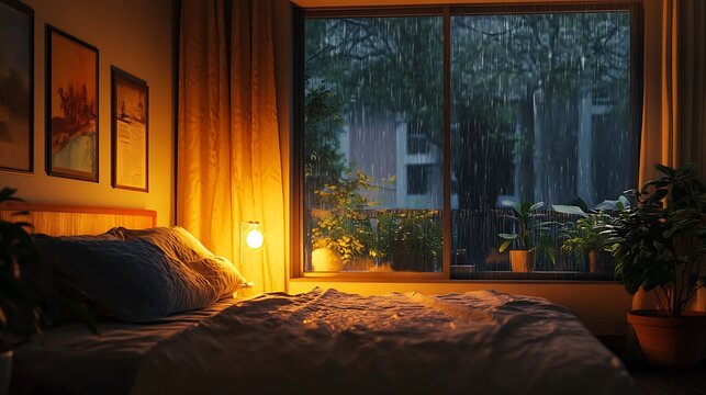 Cozy bedroom glowing with warm light and rainfall streaking the glass window
