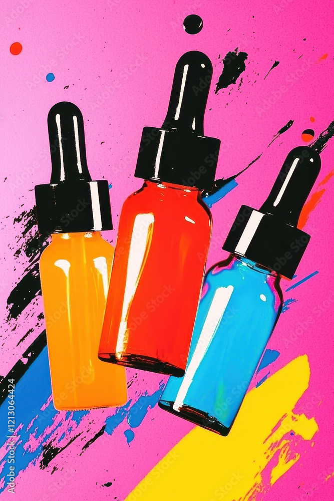 Aufkleber dynamic abstract composition with vibrant color bottles in a bold modern art style against a pink ba