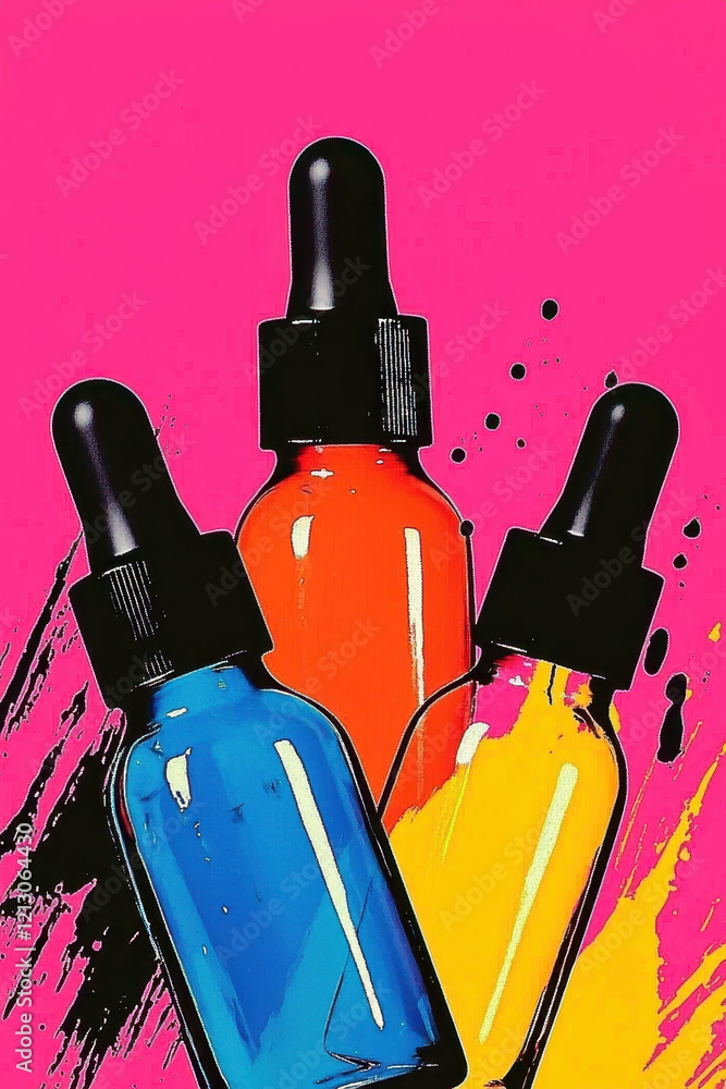 Poster dynamic graphic illustration with bold colors in vibrant bottles creating visual impact