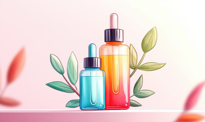 Vibrant Skincare Serum Bottles with Leaf Motif: Aesthetic Packaging in a Pastel Setting for Beauty and Wellness