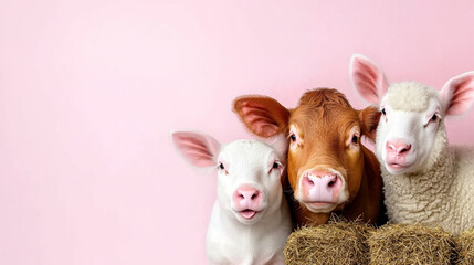 Fototapeta premium Group of Adorable Farm Animals Gathered Together Beside Hay Bales During a Sunny Day in a Rural Setting