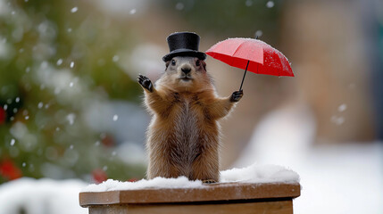 Prairie dog in top hat and red umbrella enjoys a snowy day.