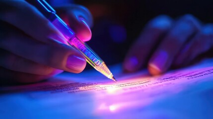 Writing with a pen with pink and blue tones of light on paper close up view