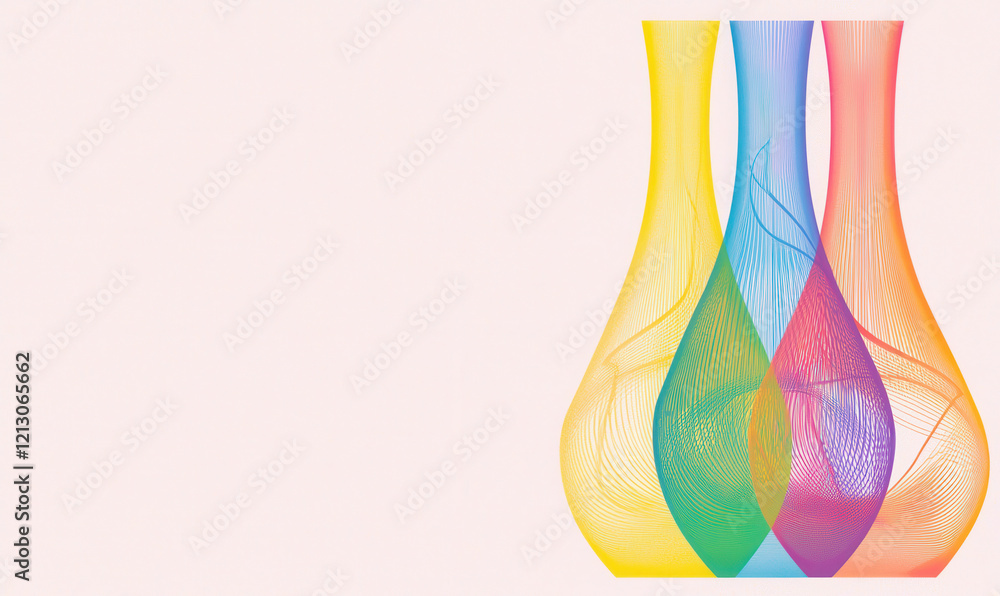 Poster dynamic abstract composition: vibrant vase illustrations with fluid lines and geometric patterns in 