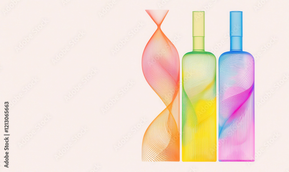 Poster vibrant abstract design of colorful bottles featuring artistic lines and patterns in a minimalist st
