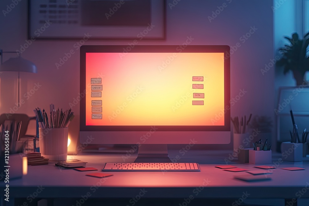 Aufkleber clean and minimalist workspace featuring glowing desktop monitor and sticky notes softly lit