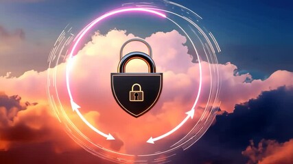 Dynamic digital security concept with futuristic lock amidst vivid cloudscape.Data security concept. Padlock shield element on cloud storage. Backup day design for technology and safety awareness