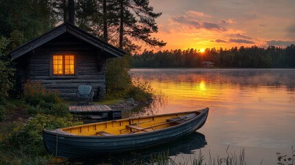 Obraz premium A tranquil forest setting frames a lakeside cabin at sunrise, with a canoe nearby for a digital detox experience