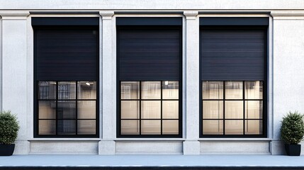 Fototapeta premium Modern building facade with three large black roll-up security shutters, providing enhanced security and style to the urban architecture.