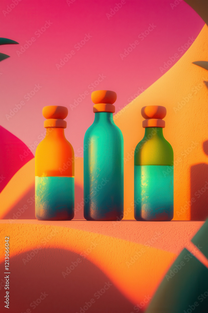 Poster vibrant abstract bottles: aesthetic display of colorful liquid containers with gradient background i