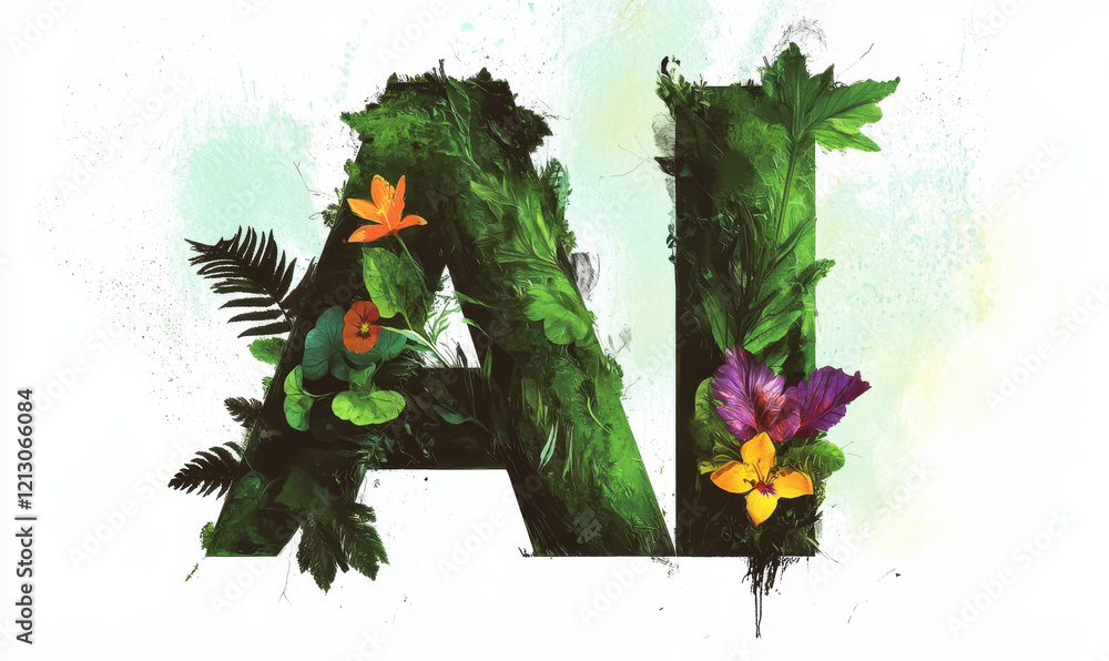 Poster creative floral typography design integrating vibrant nature elements with artistic foliage in graph
