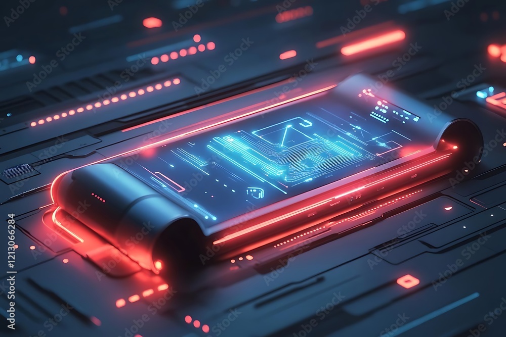 Aufkleber futuristic device with glowing neon circuit board design on a dark tech surface.