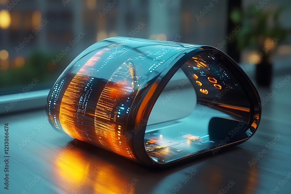 Poster futuristic curved screen displays data streams.