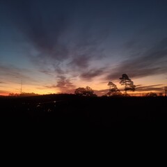 Serene landscape at sunrise, showcasing a vivid gradient of deep blue, purple, and fiery orange hues, with silhouetted trees against the glowing horizon. A tranquil morning scene.