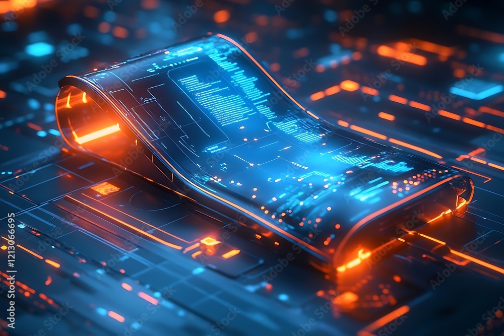Poster futuristic curved screen displaying digital data on a glowing circuit board.
