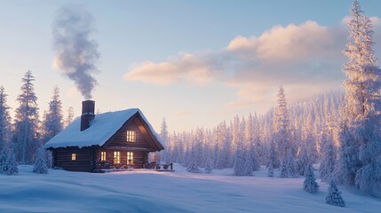 cozy log cabin nestled in serene snow-covered forest smoke gently curling from chimney under soft blue sky