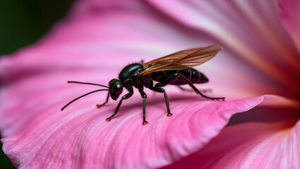 Naklejka premium Black Wasp on Pink Flower Petal, Macro Insect Photography