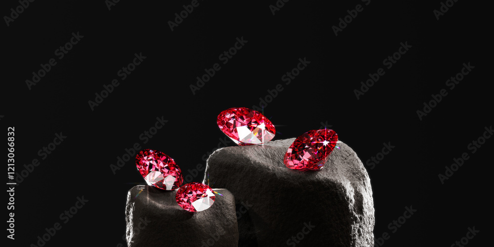 Poster red ruby gem diamond group placed on stone platform background soft focus 3d rendering