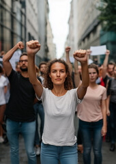 A diverse group of people standing united in protest on an urban street.