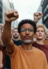 A diverse group of people standing united in protest on an urban street.