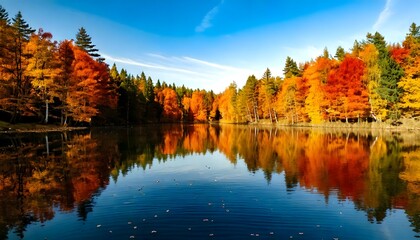 Obraz premium Colorful autumn landscape with a calm lake surrounded by red, orange, and yellow leaves