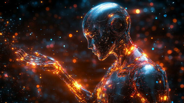 Glowing humanoid figure with digital circuit patterns examining light in hand against starry background, representing artificial intelligence concept
