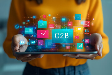 "C2B" with a simple white background, a person using a digital tablet to create content, with business icons. Bright lighting, contrast