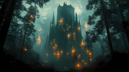 A towering castle made of obsidian, surrounded by a dark forest with glowing, eerie lights. Obsidian Forest. Illustration