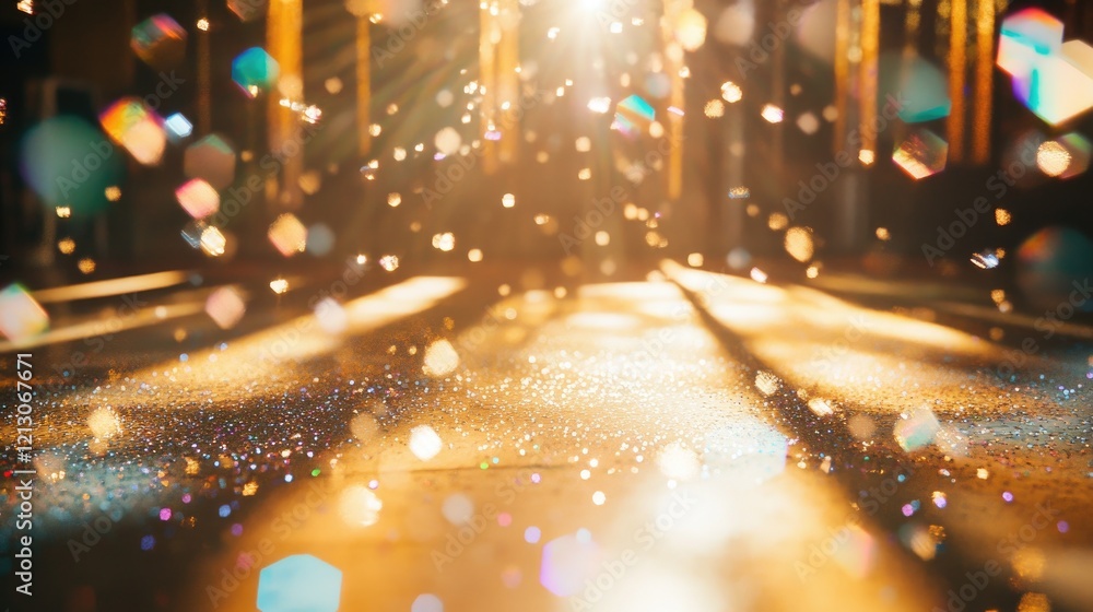 Poster golden bokeh lights and sparkles create a magical and festive atmosphere on a blurred surface