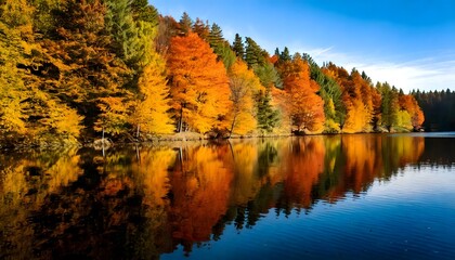Scenic fall forest reflection on a peaceful lake with vivid autumn colors