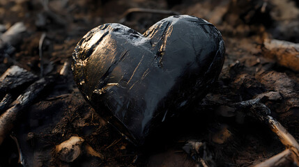 Fototapeta premium Black obsidian heart represents grief and love on burnt forest floor. Obsidian Forest. Illustration