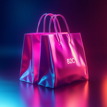 "B2C" on a soft gradient background with a glowing shopping bag icon at the center. Bright lighting, contrast