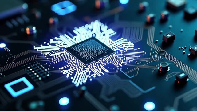 Futuristic blue microchip with glowing circuit lines on a dark digital background
