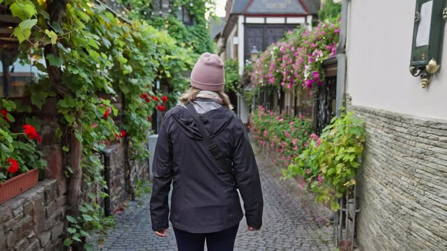 Following behind a tourist walking down a small cobblestone street filled with colorful flowers and wine vines in the town of Rudesheim am Rhein, Germany