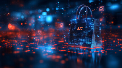 "B2C" on a minimalistic background featuring a shopping bag icon with digital symbols floating around. Bright lighting, contrast