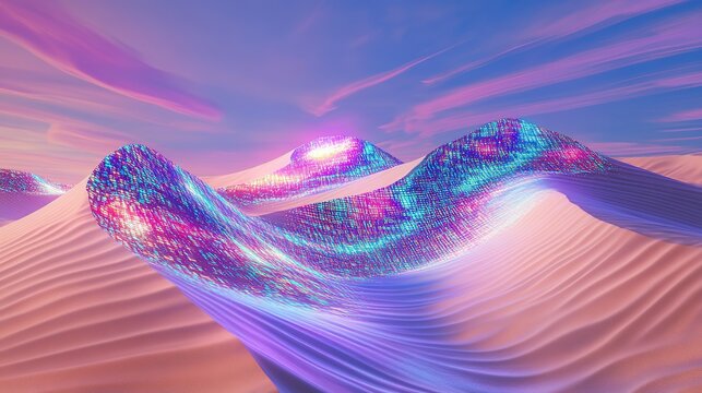 A surreal digital desert with iridescent sand dunes flickering with holographic codes