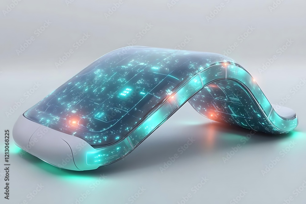 Poster futuristic device with glowing circuits.