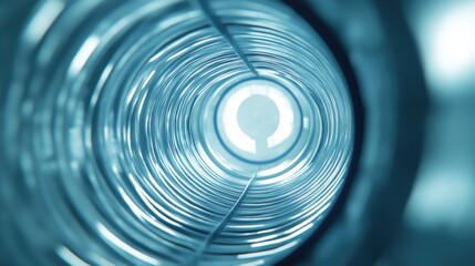 Abstract blue coiled metal tubing with a central circular opening and glowing light