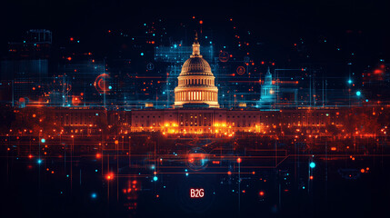 "B2G" placed over a stylized outline of government buildings and official seals on a navy background. Bright lighting, contrast