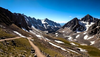 Scenic alpine valley with rugged peaks and winding paths in a serene landscape