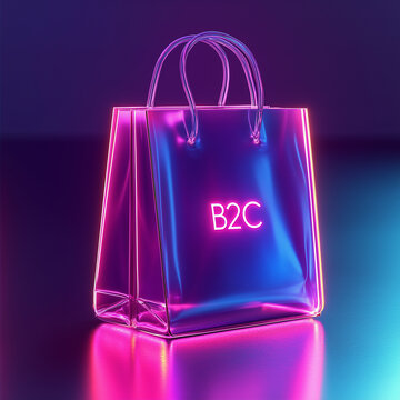"B2C" on a soft gradient background with a glowing shopping bag icon at the center. Bright lighting, contrast
