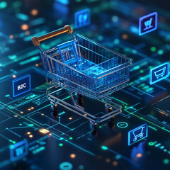 "B2C" on a gradient blue-to-green background with floating shopping icons and simplified payment methods. Bright lighting, contrast