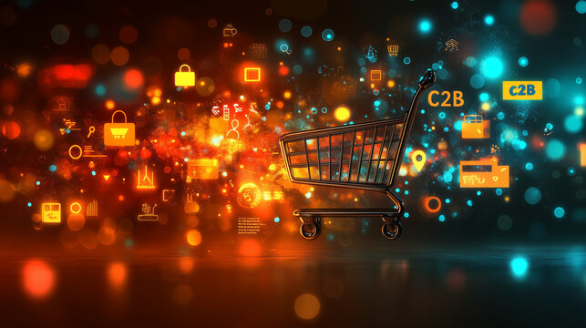 "C2B" in soft yellow tones, with icons of consumers offering feedback, products, and services to businesses. Bright lighting, contrast