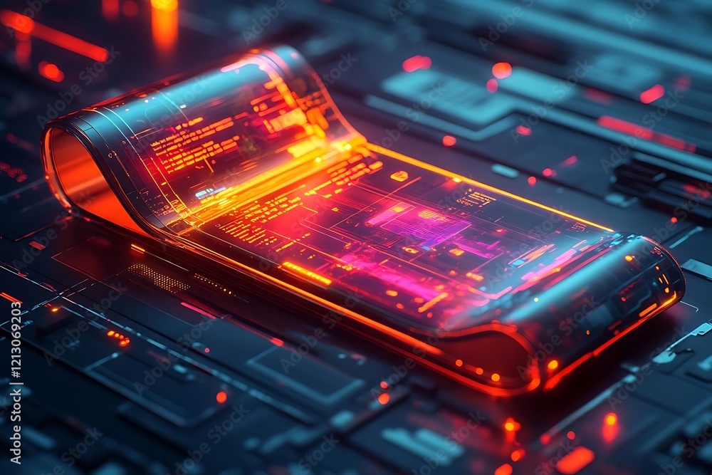 Aufkleber futuristic transparent screen rolled on a technological surface with glowing circuits.