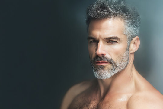 Fabulous at any age. Portrait of charismatic muscular 50 years old man standing over gray background. Perfect haircut and body. Copy-space. Studio shot