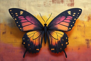 A vibrant butterfly with orange and pink wings on a textured background