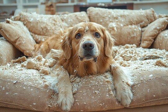 A guilty puppy dog after biting, destroying, and chewing a sofa