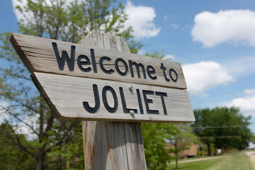 Welcome to Joliet Illinois Sign with Rustic Wooden Design and Vintage Typography, Midwest USA Travel Destination Landmark