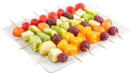 A platter of colorful fruit skewers, Each skewer adorned with a variety of fresh fruits, Set against an isolated white background to highlight their vibrant colors and refreshing appeal 